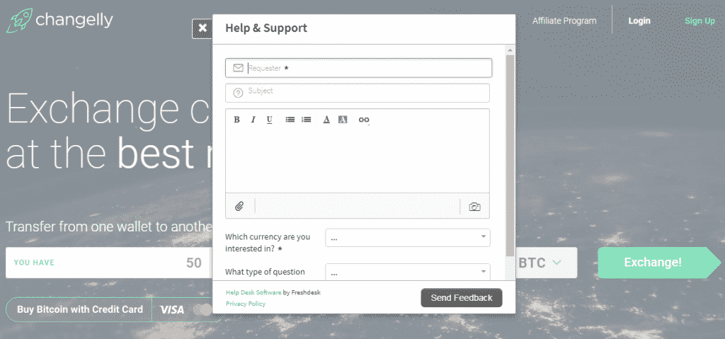 Changelly Customer Support screen