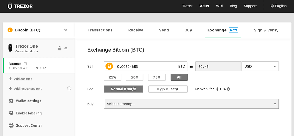 TREZOR wallet cryptocurrency exchange dashboard